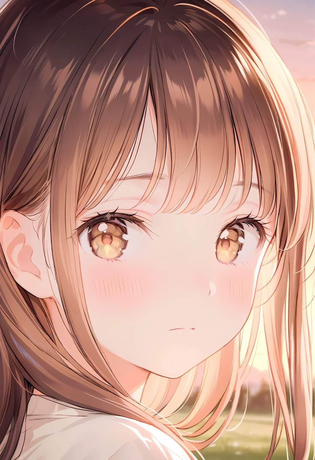 <lora:Animagine_Style7371221586FT_LoCon_D32:1>, 1girl, solo, blush, brown hair, long hair, looking at viewer, closed mouth, close-up, day, sky, dusk, depth of field, rim light, background light, lawn