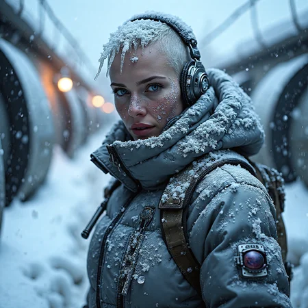 frostpunk style weathered female  (covered in snow, frost, and/or icicles), bald, eyes, wearing a steel gray insulated jumpsuit, heavy duty cryo boots, bionic eye, set in  an underground bunker where supplies are dwindling, and tensions are running high. , at dusk,,   <lora:flux_trainer/frostPunk_v1.1>, <lora:scifi/moxiePunk_v3S.safetensors:1.0>,