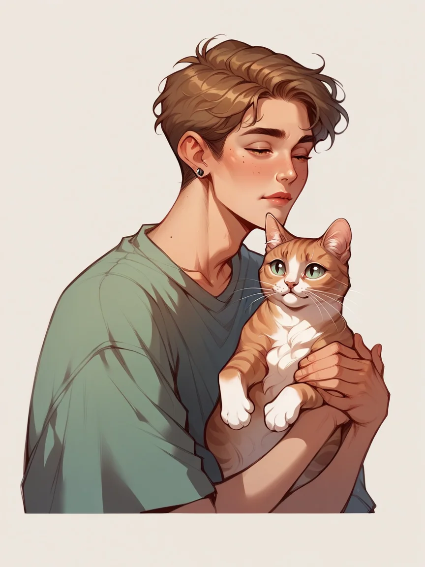 score_9, score_8_up, score_7_up, score_6_up, score_5_up,  <lora:p3tl0v3XLP:1> p3tl0v3, 1boy, cat,  <lora:c4tsXLP:0.3> c4ts, brown tabby