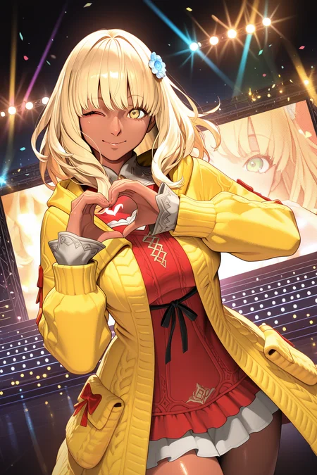 masterpiece, best quality, amazing quality, absurdres, honeyhyune, blonde hair, yellow coat, red shirt, dark skin, dark-skinned female, solo, smile, wink, one eye closed, heart hands, looking at viewer, medium breasts, outdoors, stage, stage lights, bright colors, vibrant colors