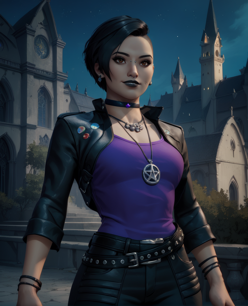 score_9,score_8_up,score_7_up,score_6_up,
nicoxl,piercing,black hair,hair to side,black lips,short short hair,brown eyes,
earrings,necklace,leather jacket,purple shirt,belt,black pants,bracelet,choker,
standing,light smile,
night,outside,cathedral,wall,<lora:nicoXL:0.8>,