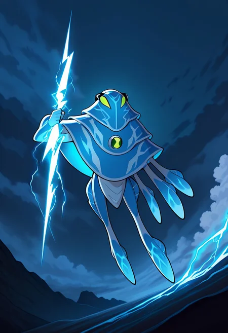 masterpiece, best quality, amazing quality, very aesthetic, absurdres, newest,, detailed background,
ampfibian, full body, pokemon (creature), no humans, colored sclera, green eyes, blue skin, tentacles, extra eyes, colored skin, squid, jellyfish, no mouth,
HoldingZeusThunderBolt, holding lightning , clouds,