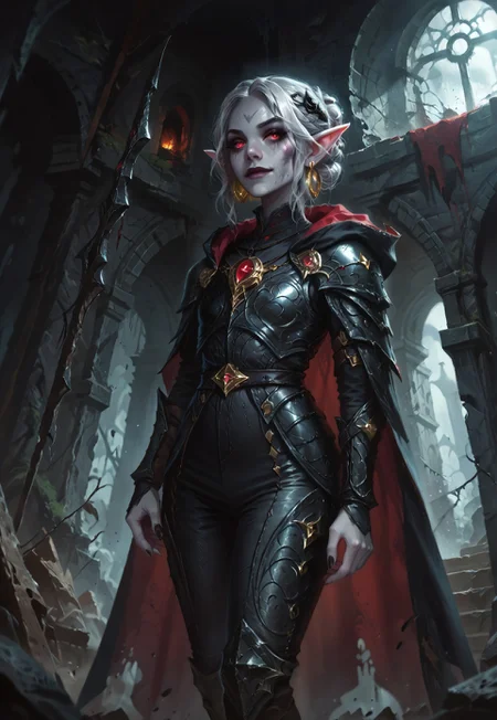 score_9, score_8_up, score_7_up, safe_pos, masterpiece, best quality, fantasy_art, 1dk, portrait, FNTS, indoors, nightime,cavern, Underdark, roman archytecture, abandoned ruins, from below, evil grin, fantasy world, beauty, beautiful, beautiful skin, leaning on short wall, looking at viewer, detailed face, five fingers, detailed facial features, cowboy shot
BREAK
1girl, solo, young woman, drow lady, red eyes, drow woman, dark elf woman, pointy ears, grey skin, pale grey skin, evil eyes, silver hair, medium hair, short body, straight hair, pale  skin, hairdo, black leather armor chestplate, black hood, black cape, black leather boots, black leather armored pants, golden earrings, black lisptick, black eyeshadow, smooth skin, arrogant look, slim, narrow hips, narrow waist, leather clothes, black wood bow, longbow, holding bow