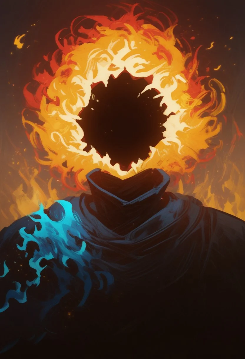 score_9, score_8_up, score_8, score_7_up, score_7, score_6_up, score_6, score_5_up, Score_5, lord_of_frenzy, headless, novakin, (faceless, no eyes, no mouth, no nose, no facial features:1.3), (short fiery blue purple hair, body made of black plasma:1.2), (blue flames:1.8), black robes, vox machine style, 1boy, male focus, solo, portrait, dark foreboding background, fantasy, (dynamic lighting:1.1) ((masterpiece))