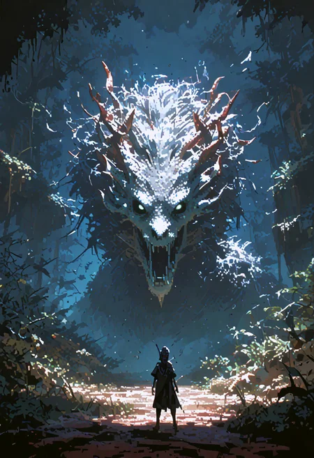 solo, knight, spear,
foreshortening, warped perspective, fisheye,
bosstyle, hollow eyes, looming, colossal beast, monster, fangs
collumns, foliage, 
smoke, 
red sigils, magical sigils, 
pixel, 
terror, horror, eerie,