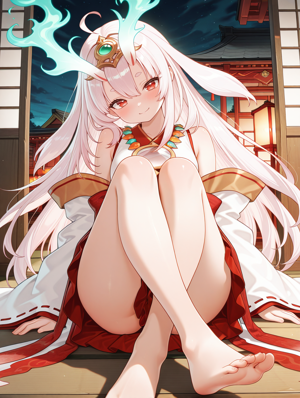oni girl,kurikara divincarnate,1girl,solo,barefoot,smile,knee to chest,blush,looking at viewer,sitting,short eyebrows,closed mouth,pink hair,soles,white ribbon-trimmed sleeves,white sleeveless kimono,gold headpiece,mirror necklace,red hakama,head tilt,blue fire,east asian architecture,
masterpiece,best quality,amazing quality,very aesthetic,absurdres,newest,<lora:Kurikara Divincarnate illuXL v1:0.84>,