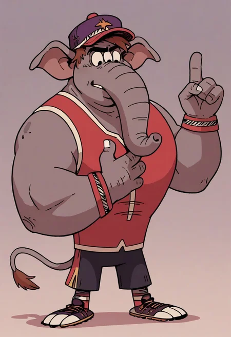 (score_9 | score_8_up | score_7_up)
((masterpiece:1))(best quality,very high quality,ultra detailed:1.2)
(2D,cartoon style,anime style)(Smooth:2)(clean blurring)
(four fingers on each hand,one thumb on each hand:1), Abu elephant, solo, brown hair, grey skin, black eyes, trunk, trunk nose, elephant trunk, elephant ears, monkey tail, purple vest, red and purple hat, alien, muscular, +++three eyes, extra eye, grey skin color, full body