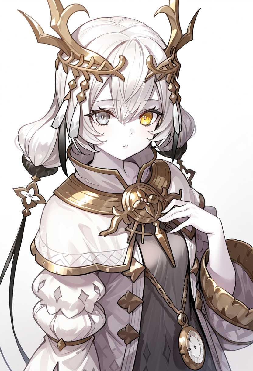 1girl, sole, masterpiece, best quality, high quality, kara ideasu(ryza), white hair, short hair, hair ornament, pale skin, heterochromia, yellow eyes, grey eyes, grey dress, white coat, pendant watch, upper body, looking at viewer