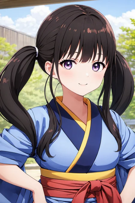 masterpiece,best quality,extremely detailed 8K wallpaper,inoue takina, purple eyes,1girl,full body,standing,twintails,kimono,
