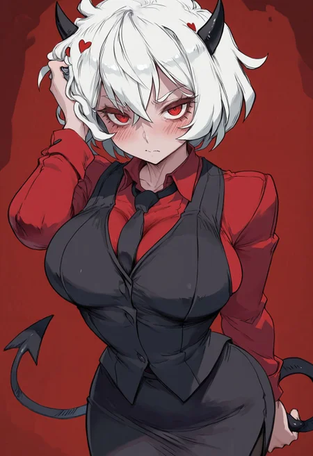 masterpiece,best quality,amazing quality,<lora:cutesexyrobutts_style_illustrious_goofy:1>malina(helltaker), large breasts, black horns, white hair, shirt, short hair, blush, black skirt, demon horns, demon girl, solo, demon tail, looking at viewer, red shirt, 1girl, red background, hand on own head, waistcoat, vest, skirt, red eyes, black vest, black tail, simple background, horns, tail,pastel color