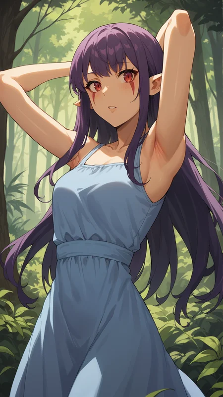 score_9,score_8_up,score_7_up,score_6_up, source_anime, girl, dynamic pose, one hand on her hip, one hand behind her head, <lora:Esil Radiru - Pony-000004:0.8>, esil_radiru_sl, long hair, purple hair, bangs, red eyes, facial markings, pointy ears, blue sundress, sleeveless, forest, nature,