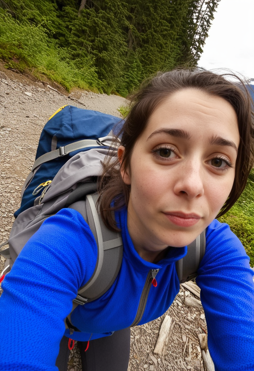 <lora:Cristin Milioti v1 bigLust_v16 TaR:1> cristin milioti, tired look, messy hair,hiking in the woods,british columbia,mountains,backpack,shot on GoPro Hero,candid photo,
<lora:dmd2_sdxl_4step_lora_fp16:1>