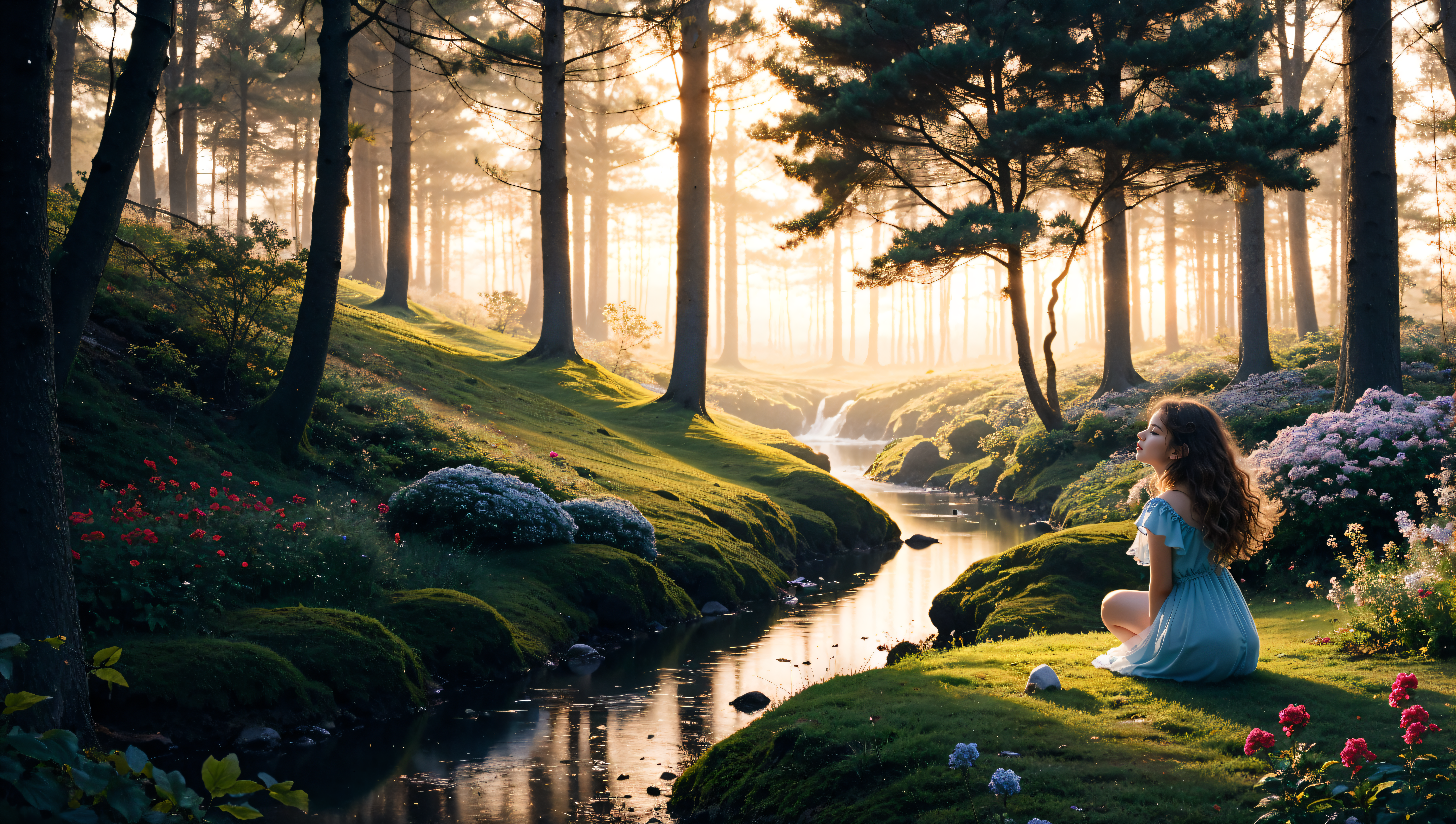 (detailed realistic background:1), (official art, beautiful and aesthetic:1 ), realistic lighting, cinematic lighting, hyperrealism, soothing tones, muted colors, high contrast, soft light, sharp, artistic photoshoot, FeyFa, forest, trees, middle, path, waterfall, through, background, stream, flowers, lights, BREAK  in the foreground sitting a fairy, in back of her fairy house, light, (cute, petite), slender, european, pale cheeks, square face shape with angular jaw, natural makeup, ginger hair, (wavy bob hair:1.1), wearing see-through gossamer fairy short dress, night time, darkness,  <lora:age_slider_v2:-1.5> <lora:quality1:1> <lora:FeyAndFairies:0.4>