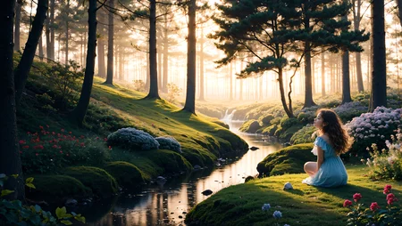 (detailed realistic background:1), (official art, beautiful and aesthetic:1 ), realistic lighting, cinematic lighting, hyperrealism, soothing tones, muted colors, high contrast, soft light, sharp, artistic photoshoot, FeyFa, forest, trees, middle, path, waterfall, through, background, stream, flowers, lights, BREAK in the foreground sitting a fairy, in back of her fairy house, light, (cute, petite), slender, european, pale cheeks, square face shape with angular jaw, natural makeup, ginger hair, (wavy bob hair:1.1), wearing see-through gossamer fairy short dress, night time, darkness, <lora:age_slider_v2:-1.5> <lora:quality1:1> <lora:FeyAndFairies:0.4>
