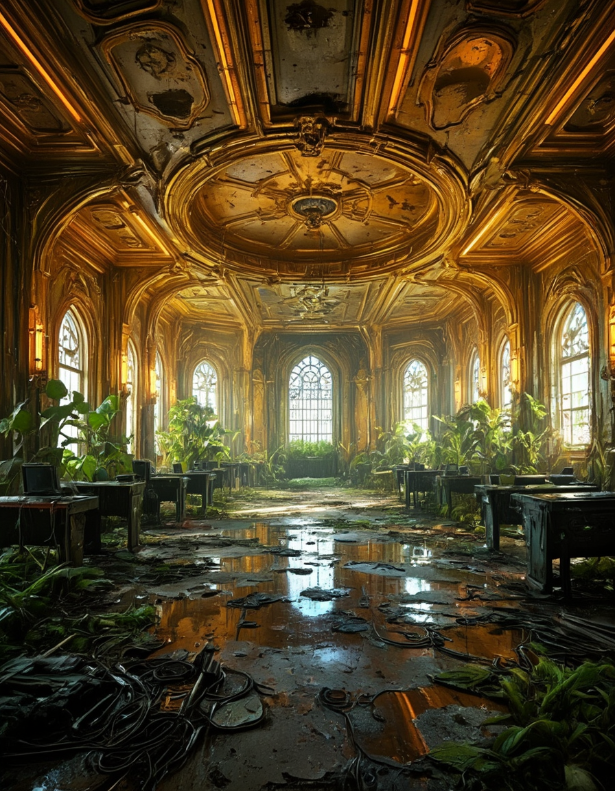 <lora:City_Worlds02_Lost_Operaflux:1>  cw02lost, cyberpunk, baroque, medieval, gold, rich room interior, neons, abandonned church, round ceiling, wet, vegetation, computers, dirty, windows, crackled, decay,