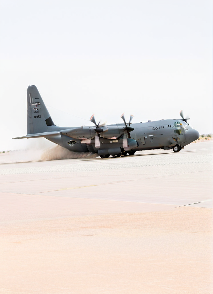 Picture of USAF AIR_C130 landing on desert airfield,  <lora:AIR_C130:1>