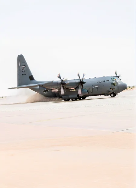 Picture of USAF AIR_C130 landing on desert airfield, <lora:AIR_C130:1>