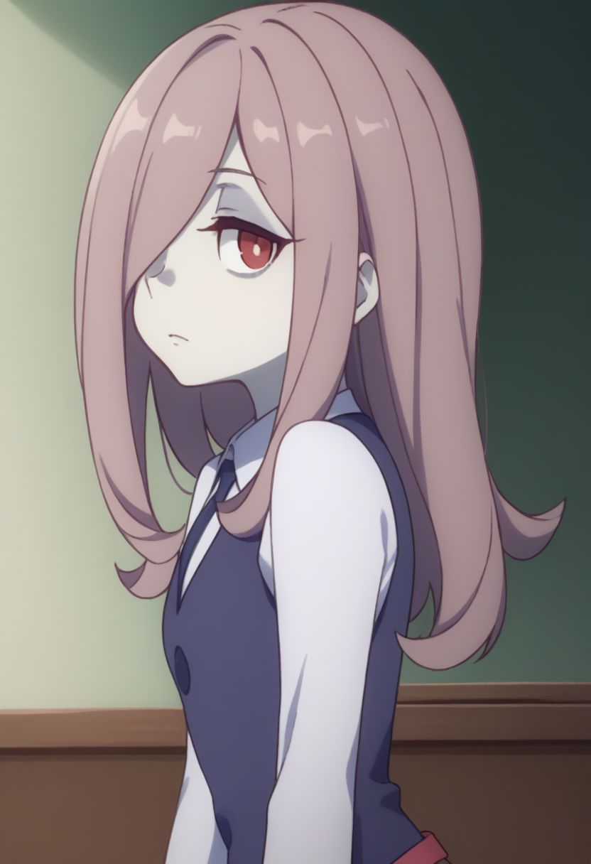 score_9, score_8_up, source_anime, highly detailed, 1girl, solo,
sucy, 1girl, pale skin, luna nova school uniform, solo, hair over one eye, school uniform, long hair, red eyes, pink hair, witch,
indoor,