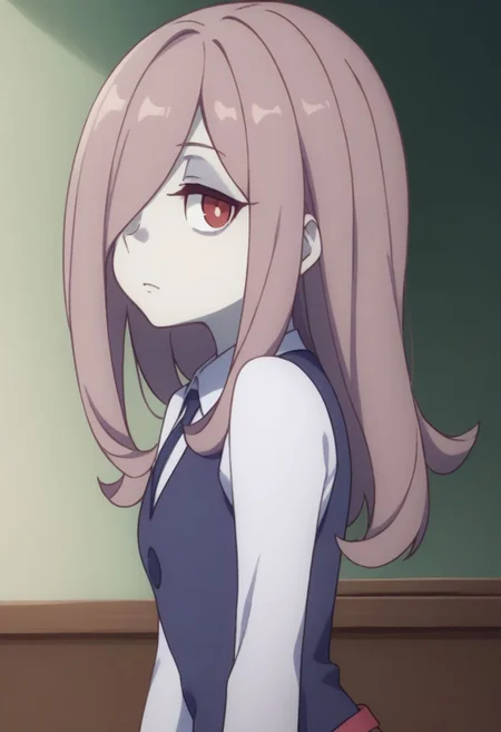 score_9, score_8_up, source_anime, highly detailed, 1girl, solo,
sucy, 1girl, pale skin, luna nova school uniform, solo, hair over one eye, school uniform, long hair, red eyes, pink hair, witch,
indoor,