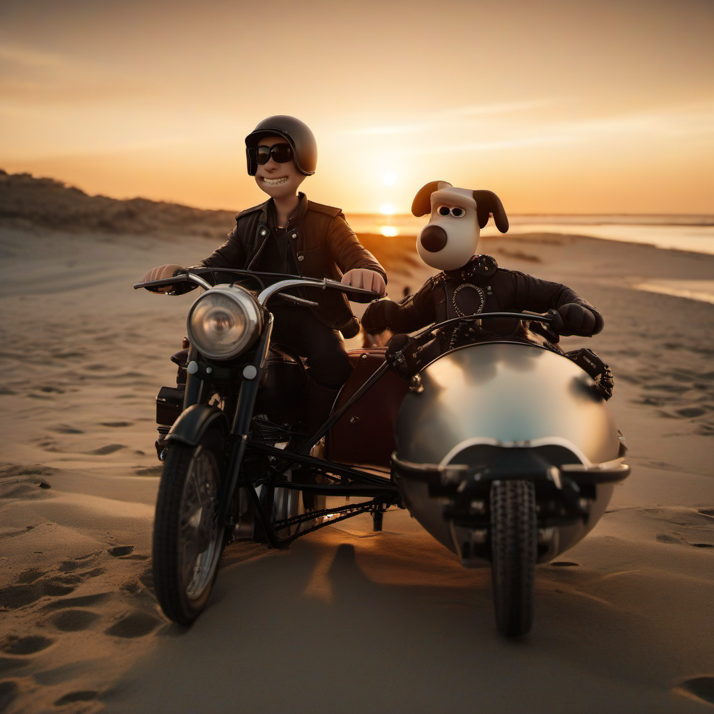 cinematic photo cinematic photo 1boy, bald, solo,  whool vest,  teeth, leather jacket, helmet, riding a sidecar with a dog on the beach, sunset <lora:WallaceGromit1024:0.8> . 35mm photograph, film, bokeh, professional, 4k, highly detailed . 35mm photograph, film, bokeh, professional, 4k, highly detailed