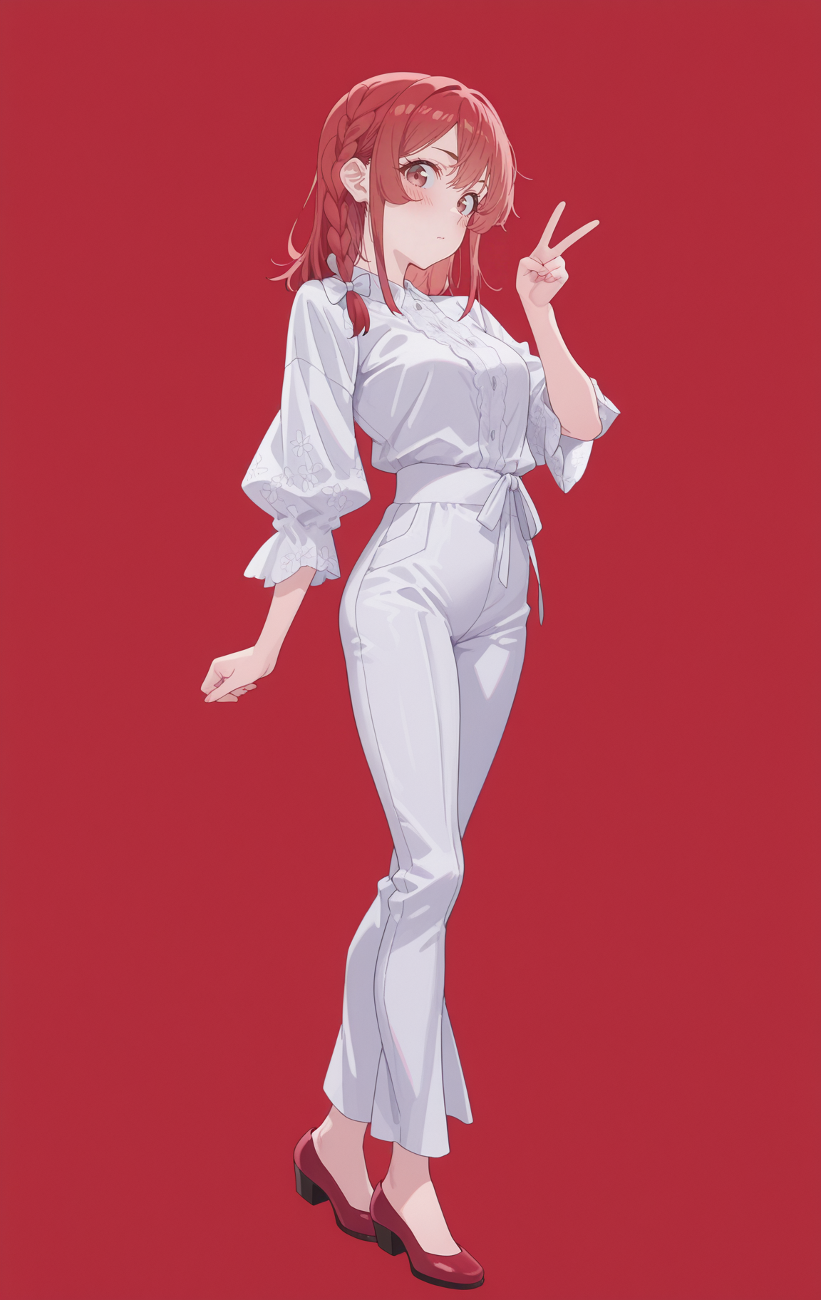 masterpiece,best quality,newest,absurdres,highres,
front view,full_shot,Mischief,looking_at_viewer,
<lora:SakurasawaSumiCYQL:1>,SakurasawaSumiCYQL,1girl,solo,red hair,braid,single braid,hair bow,brown eyes,blush,Wide-leg pants, silk blouse, pointed-toe flats,
full body,standing,v,,
red background,simple background,
<lora:ponyv4_noob1_2_adamW:0.6>,<lora:spo_sdxl_10ep_4k-data_lora_webui:0.6>,<lora:USNR STYLE_XL_loha:0.45>,<lora:HG2512 by CYQL:0.9>,HG2512,usnr,,