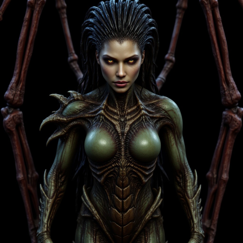 aidmafluxpro1.1, aidmarealisticskin, The image is a photograph of a female humanoid alien figure, likely a movie poster. The creature has an elongated, humanoid body with a female, muscular, athletic build. Its skin is a blend of dark green and reddish tones, with a scaly, textured surface that suggests a reptilian or insectoid origin. The creature's face is striking, with sharp, angular features, glowing yellow eyes, and a mouth filled with sharp teeth.