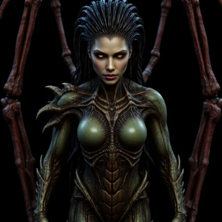 aidmafluxpro1.1, aidmarealisticskin, The image is a photograph of a female humanoid alien figure, likely a movie poster. The creature has an elongated, humanoid body with a female, muscular, athletic build. Its skin is a blend of dark green and reddish tones, with a scaly, textured surface that suggests a reptilian or insectoid origin. The creature's face is striking, with sharp, angular features, glowing yellow eyes, and a mouth filled with sharp teeth.