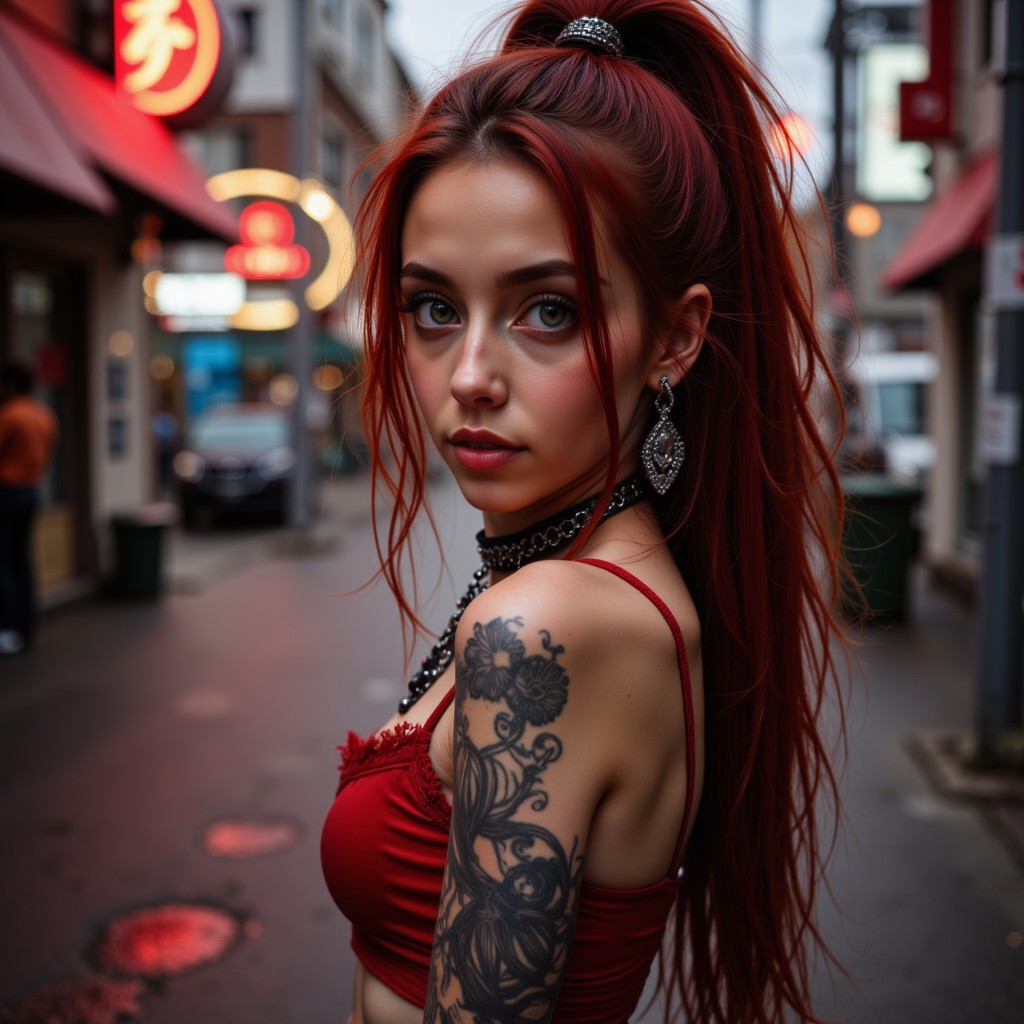 This picture is of an 18 year old pale skinned european LiviaFerreira woman who has very pretty petite facial features and very long red wavy hair in high pony tail. She has several body piercings including ears, nose and belly button. She has heavily stylised body tattoos on her arms and legs. She has a flat chest and petite skinny body shape with wide hips and slightly thick thighs and small feet and hands, her eyes are piercing green and the iris detail is visible.
The setting is a post apocalypse city street with red neon japanese signage steam and smoke rise from a drain the atmosphere is close and heavy, there are sky scrapers in background the sky is inky and dark. 
She is wearing red gothic skimpy top with lace and chain detail.
This is a super close up of her face with the camera focus on her green detailed eyes.