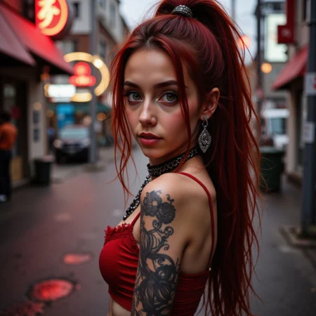 This picture is of an 18 year old pale skinned european LiviaFerreira woman who has very pretty petite facial features and very long red wavy hair in high pony tail. She has several body piercings including ears, nose and belly button. She has heavily stylised body tattoos on her arms and legs. She has a flat chest and petite skinny body shape with wide hips and slightly thick thighs and small feet and hands, her eyes are piercing green and the iris detail is visible.
The setting is a post apocalypse city street with red neon japanese signage steam and smoke rise from a drain the atmosphere is close and heavy, there are sky scrapers in background the sky is inky and dark. 
She is wearing red gothic skimpy top with lace and chain detail.
This is a super close up of her face with the camera focus on her green detailed eyes.