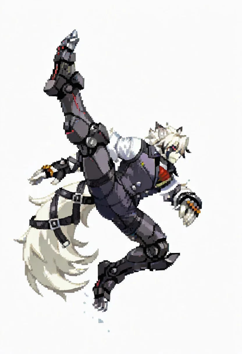1boy, solo, pixel art, full body, CapcomVsSnk, white background, von lycaon, Red eyes, shirt, vest, fingerless gloves, cybernetic limb, cybernetic leg, jumping, kicking, high kick, from side, masterpiece, best quality, amazing quality,