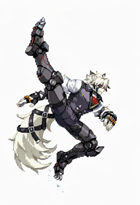 1boy, solo, pixel art, full body, CapcomVsSnk, white background, von lycaon, Red eyes, shirt, vest, fingerless gloves, cybernetic limb, cybernetic leg, jumping, kicking, high kick, from side, masterpiece, best quality, amazing quality,