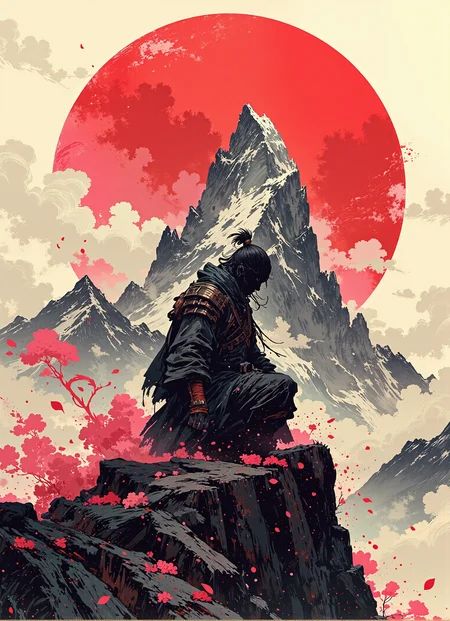 VibrantlySharp style,
animeniji,
3pic_vist4, Ink-wash & digital blend: sumi-e textures over high-contrast digital linework
Composition: three-quarter distant view, silhouette of samurai kneeling, huge red moon behind
Subject/Pose: robed samurai with katana planted, cloak melting into black-pink smoke, cherry petals swirling
Background/Lighting: steep mountain peak with drifting sakura clouds, minimalist brush-stroke wind lines