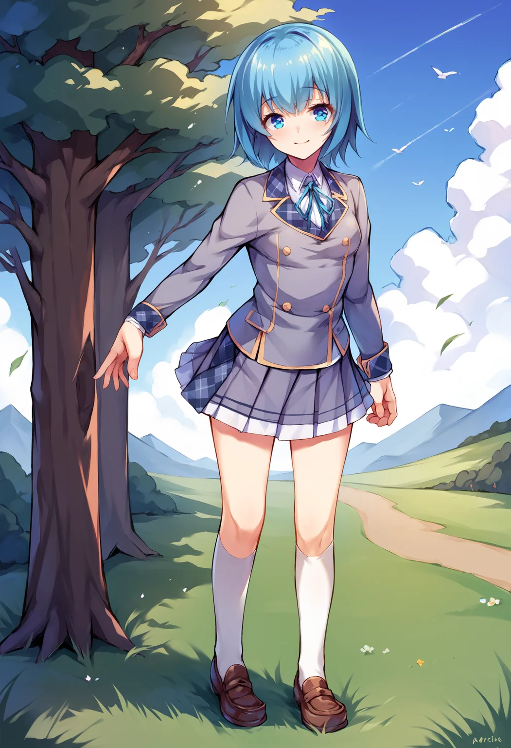 score_9, score_8_up, score_7_up, score_6_up, source_anime, 1girl, solo,
grass, tree,
BREAK
light smile, closed mouth,
ayase nao, blue hair, short hair, blue eyes, small breasts,
school uniform, blazer, pleated skirt, loafers, white socks,
full body, standing,
<lora:faux-ayase-nao-dora-pivotal6:0.8>