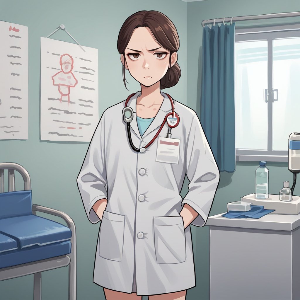 score_9, score_8_up, score_7_up, score_6_up, score_5_up, score_4_up, zPDXL2,source_anime,rating_questionable,1girl, solo, doctor, scowl, tired, looking at viewer, cowboy shot,<lora:Medical_Clinic:0.7> cl1n1c, indoors, medical,   clinic,