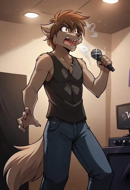 score_9, score_8_up, score_7_up,score_6_up,score_5_up, source_furry
BREAK
solo, furry male anthro, medium hair, flat chest, (Mouth open, screaming), mohawk, black sleeveless T-shirt, black jeans, (indoors, standing, on stage, light show, smoke), Microphone, microphone in hand, shouting into the microphone
BREAK
<lora:Zen-Twokinds-SDXL-AnonTK-V1:0.85>, zen-twokinds, keidran, wolf tail, <lora:p:0.35>