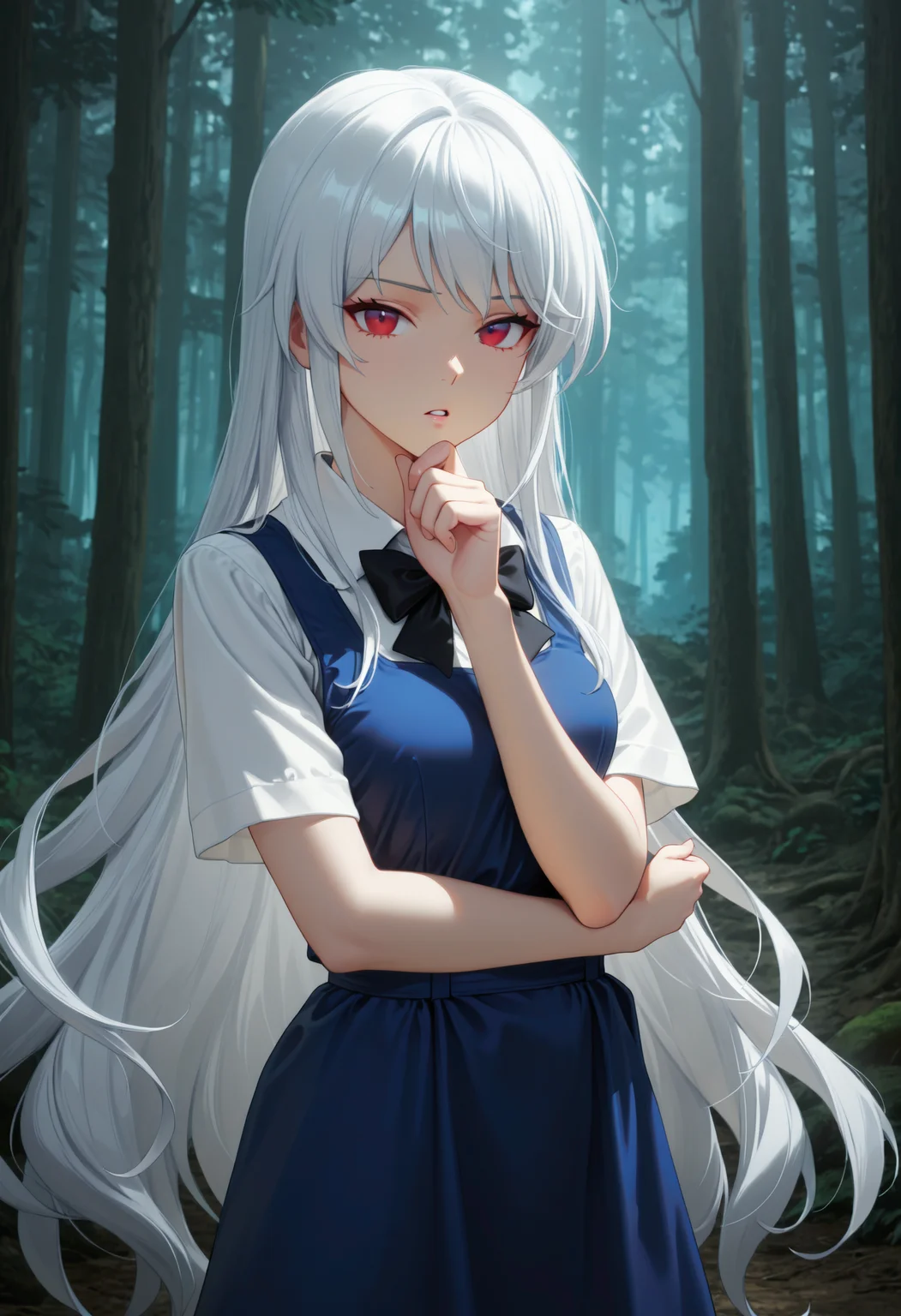 <lora:Char_KazamiKazuki:1>, red eyes, white hair, long hair, sidelocks,
K4zuSch, pinafore dress, blue dress, white shirt, white collar, short sleeves, black bowtie,
crossed arms, hand on own chin, looking at viewer, forest, parted lips, very awa, masterpiece, best quality, highres, absurdres