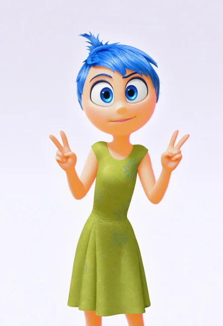 solo, joyemotion, looking at viewer, green dress, peace sign, blank background
