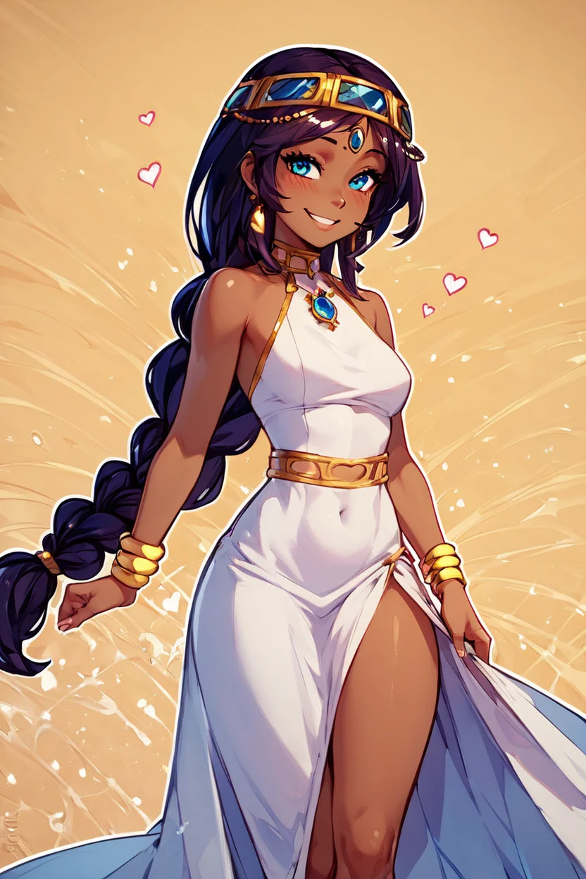 score_9, score_8_up, score_8, medium breasts, (curvy), cute, eyelashes, BREAK, , <lora:Serket_Takatsu_v2:0.7>, zzSerket, dark skin, large breasts, dress, bare shoulders, jewelry, very long hair, bracelet, single braid, circlet,, BREAK, smile, looking at viewer, abstract background, white outline, cowboy shot, embedding:zPDXL, Expressiveh, <lora:CatalystStylePDXL:0.6>, <lora:SDXLFaeTastic2400:0.5>, <lora:Expressive_H-000001:0.4>,