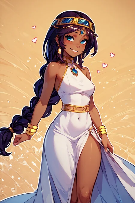 score_9, score_8_up, score_8, medium breasts, (curvy), cute, eyelashes, BREAK, , <lora:Serket_Takatsu_v2:0.7>, zzSerket, dark skin, large breasts, dress, bare shoulders, jewelry, very long hair, bracelet, single braid, circlet,, BREAK, smile, looking at viewer, abstract background, white outline, cowboy shot, embedding:zPDXL, Expressiveh, <lora:CatalystStylePDXL:0.6>, <lora:SDXLFaeTastic2400:0.5>, <lora:Expressive_H-000001:0.4>,