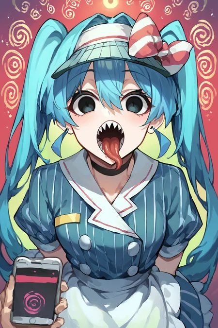 score_anime,score_9,score_8_up,score_7_up,
<lora:Mesmerizer_PDXL:1>,mikumesmerizer,hatsune miku,vertical-striped dress,waist apron,sharp teeth,visor cap,open mouth,tongue,empty eyes,<lora:Hypno_App_POV:1>,(POV of holding a phone with a hypnosis app),