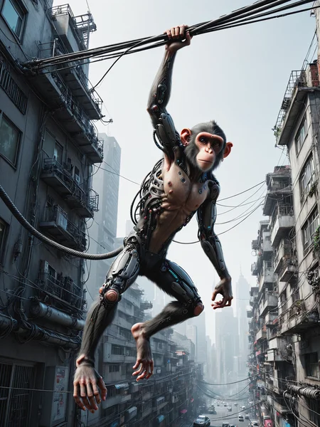 cyberanimals monkey hanging from a cable with one arm, dynamic posecyberpunk, city <lora:Neon_Cyberpunk_SDXL_Cyberanimals:0.8>, (masterpiece:1.2), best quality, (hyperdetailed, highest detailed:1.2), high resolution textures