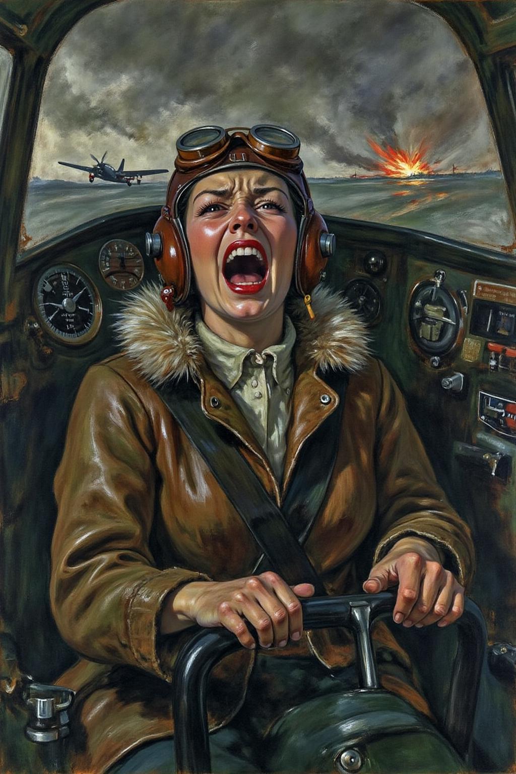 lautrec1 painting of a female pilot screaming inside the cockpit of a WWII bomber. The pilot, wearing a vintage leather flight helmet with goggles and a bomber jacket, grips the controls with her hands. Her face is contorted in a mix of fear and determination as she yells, her eyes wide with adrenaline. The cockpit is cramped and filled with old-fashioned dials and gauges, with the outside view showing dark stormy clouds and distant anti-aircraft fire. Dynamic composition, gritty and realistic, with a cinematic feel. <lora:lautrec4_nocap_d6a3:1.0><lora:813642324279059815:0>