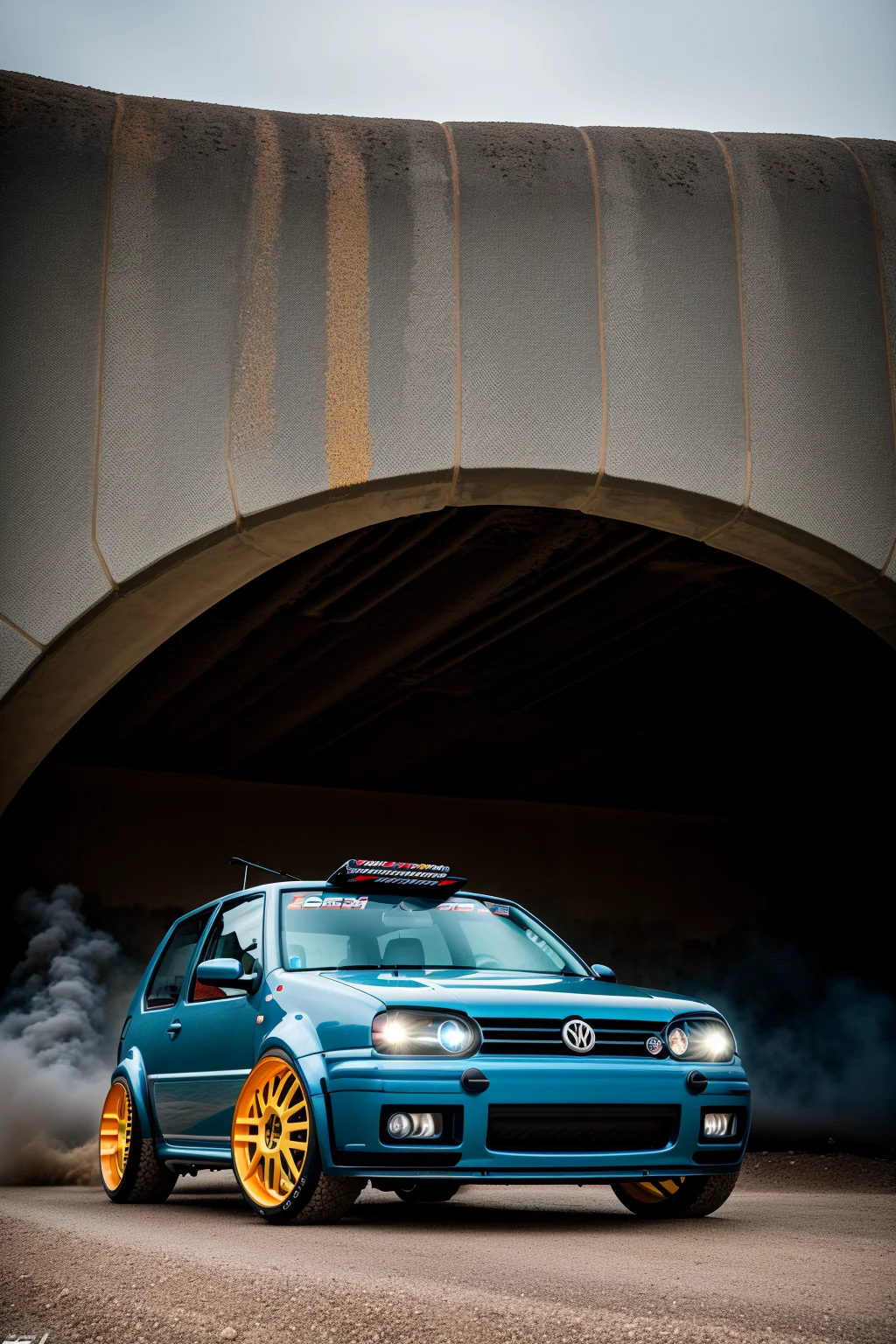 GOLFMK4 built for rock crawling stands on concrete wall, custom RALLY car body modified for rock crawling, jumper car dance, import offroad tuner, big offroad futuristic tyres, bedlock rims, graffiti, sandstorm, photorealistic, shot by Sony a7iii <lora:GOLFMK4:0.8>