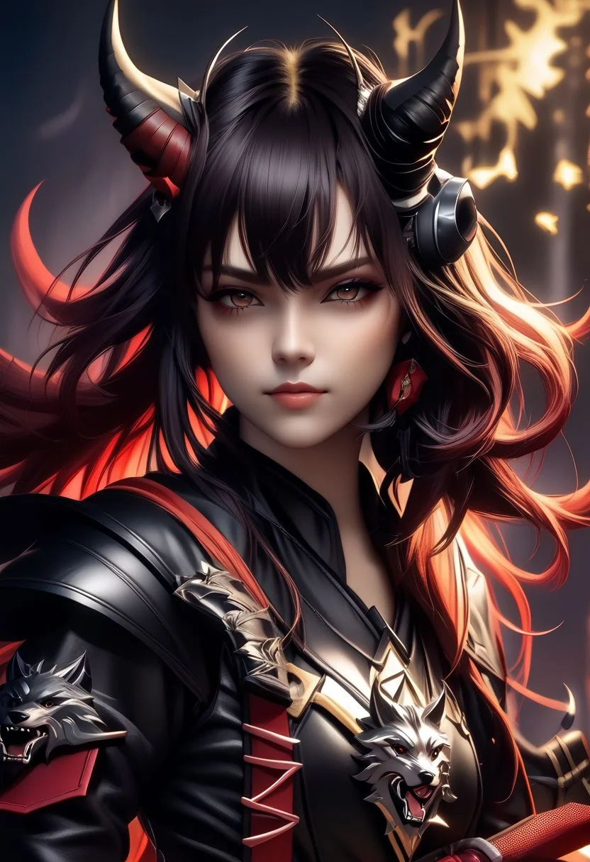 A horned female teen rogue wearing ((leather armor)), black suit, oni girl with wolf-ears, dangerous Kemonomimi waif, brunette assassin, tiefling thief, black hair, three small horns, [onii (Shuna, Hakurou) horns], tri-horns on forhead (masterpiece:1.5), (best quality), (disharmonic + ugly + unaesthetic:1.5)