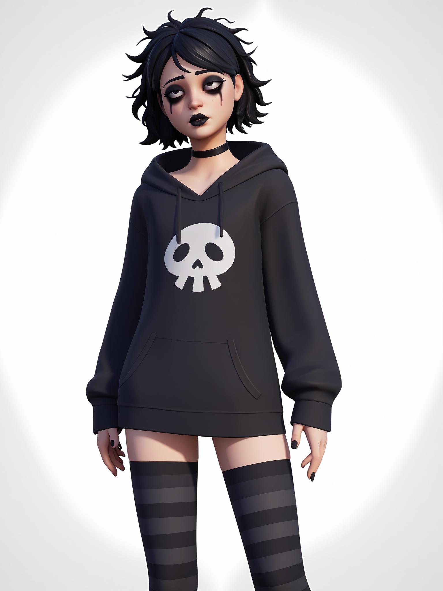 score_9, score_8_up, score_7_up, score_6_up, score_5_up, score_4_up, rating_safe,
BREAK
boy with black hair, femboy, trap, otoko no ko, black eyes, messy hair, short hair, black eyeshadow, black eyeliner, bags under eyes, thick lips, adult, mature,
BREAK
solo, standing, skinny, thigh gap, black hoodie, black striped thighhighs, oversized clothes, long hoodie, black nails, black choker,
BREAK
white background, 3d, <lora:Lunas-FortniteStyle-SDXL-A1:1>