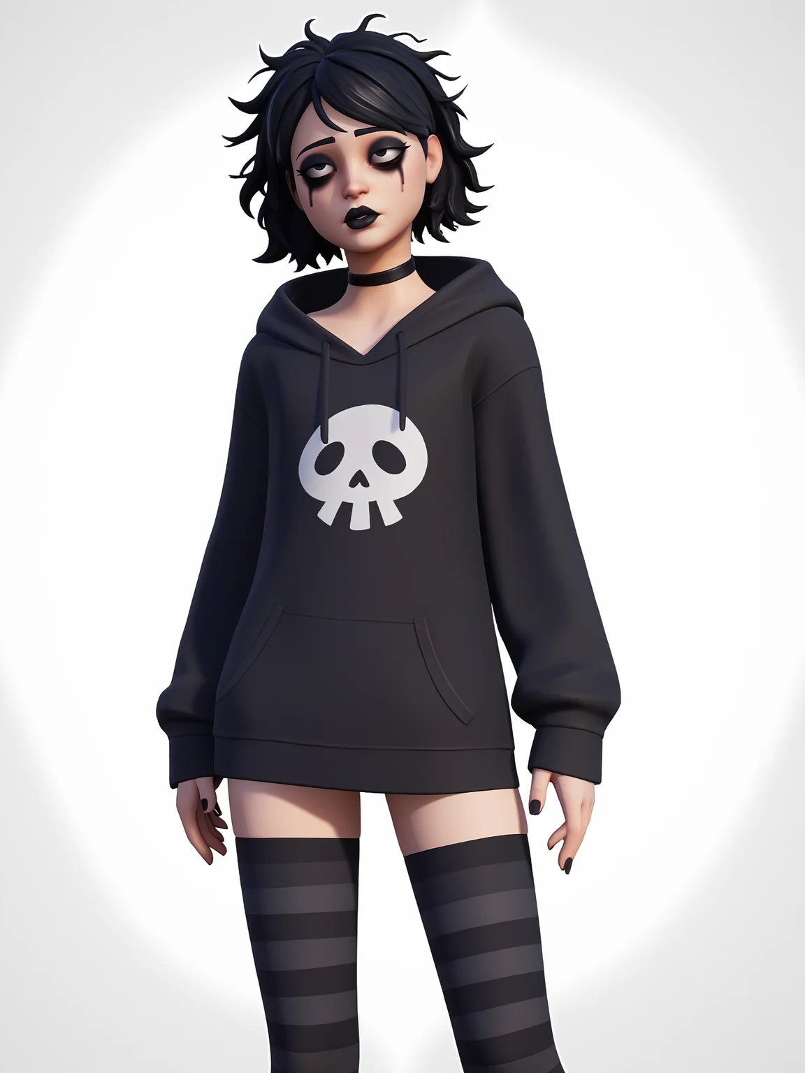 score_9, score_8_up, score_7_up, score_6_up, score_5_up, score_4_up, rating_safe,
BREAK
boy with black hair, femboy, trap, otoko no ko, black eyes, messy hair, short hair, black eyeshadow, black eyeliner, bags under eyes, thick lips, adult, mature,
BREAK
solo, standing, skinny, thigh gap, black hoodie, black striped thighhighs, oversized clothes, long hoodie, black nails, black choker,
BREAK
white background, 3d, <lora:Lunas-FortniteStyle-SDXL-A1:1>
