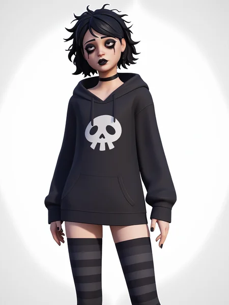 score_9, score_8_up, score_7_up, score_6_up, score_5_up, score_4_up, rating_safe,
BREAK
boy with black hair, femboy, trap, otoko no ko, black eyes, messy hair, short hair, black eyeshadow, black eyeliner, bags under eyes, thick lips, adult, mature,
BREAK
solo, standing, skinny, thigh gap, black hoodie, black striped thighhighs, oversized clothes, long hoodie, black nails, black choker,
BREAK
white background, 3d, <lora:Lunas-FortniteStyle-SDXL-A1:1>