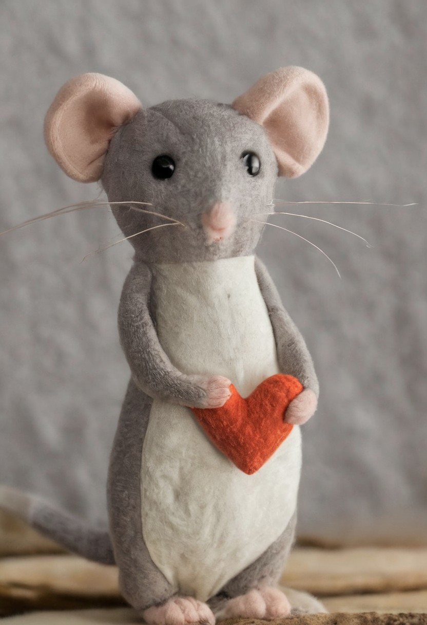 a small, simple, cuddly ral-plsy plush mouse holding a felt heart in its tiny hands, gazing directly into the camera with a joyful smile. The scene is so sweet that it melts even the toughest hearts. Describe the loving atmosphere created by the combination of plush, smiles, and hearts diring a beautiful sunrise