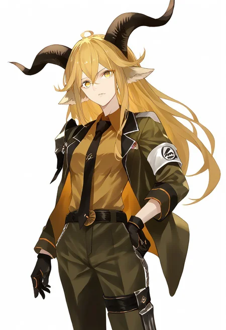 score_9, score_8_up, score_7_up, score_6_up, score_5_up, score_4_up, source_anime, 1girl, solo,
Degenbrecher, goat horns, goat ears, yellow eyes, blonde hair, long hair, hair between eyes, bangs, jacket, shirt, necktie, pants, belt, armband, armor shoulder, gloves, tight strap, boots, military uniform,
masterpiece, best quality, very aesthetic, absurdres,