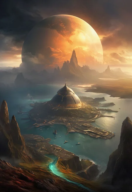 tall island city landscape concept art, huge spaceport on a mountain peak, large cliff, futur space city inspiration, (dome structures, dome), coast, ocean, colors, skyline background, storm, rain in distance, black tones, dark tones, deep shadows, fog, myst